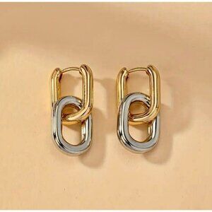 Dual-Tone Gold Chain Link Earrings Mixed Metal Chunky Statement Hoops